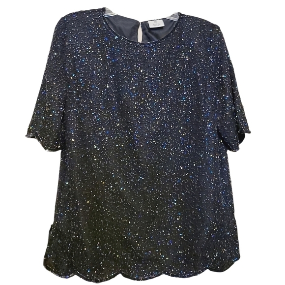 VINTAGE | Women's Black 100% Silk Sequin Short Sleeve Blouse (Size Medium) - Picture 1 of 16